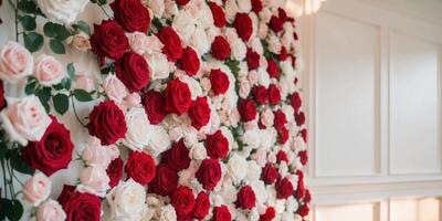 A wall covered in red and white roses photo