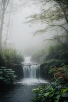 A waterfall in the foggy forest with trees and plants photo