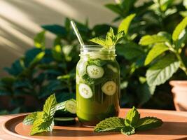 A jar of green juice with cucumbers and mint leaves photo