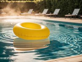 An inflatable yellow ring floating in a pool photo