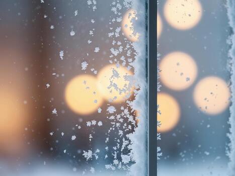 A close up of snow on a window with lights in the background photo