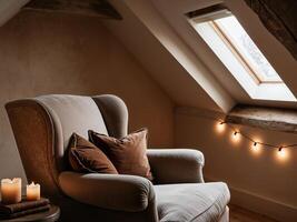 A chair in an attic with candles and a light photo