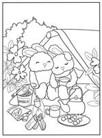 Two cute bunnies enjoying a picnic with noodles, tea, and snacks in front of a tent surrounded by flowers. vector