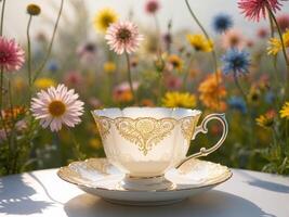 A white tea cup and saucer on a table in front of a field of wildflowers photo