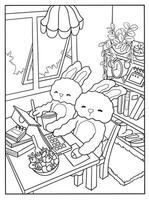 coloring book page, two cute rabbits working at a desk with a laptop and a cup, surrounded by books and plants vector
