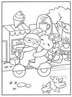 coloring book page two cute rabbits riding a scooter in front of an ice cream shop, with ducks and trees in the background. vector