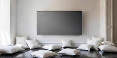 A room with a large screen and a group of pillows. photo
