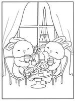 coloring book page cute bunnies enjoying a romantic dinner with the Eiffel Tower in the background. love adorable scenes and Parisian vibes. vector