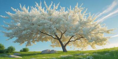 A white tree in a field with grass and flowers photo