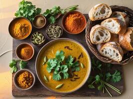 Indian curry with bread and spices photo