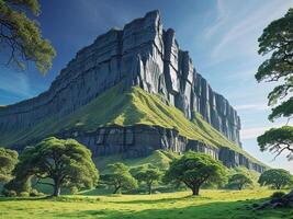 A green grassy field with trees and a mountain photo