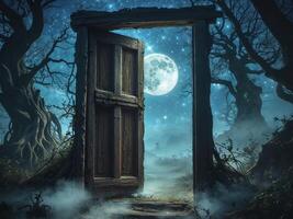 An open door in the woods with a full moon photo