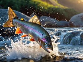 A rainbow trout is jumping out of the water photo