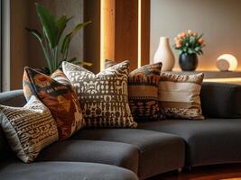 A couch with pillows and a vase on the side photo