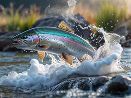 Powerful Freshwater Trout Leaping Out of Flowing Stream with Splashing Water photo