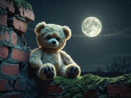 A teddy bear sitting in a crack in a brick wall at night with a full moon in the background photo