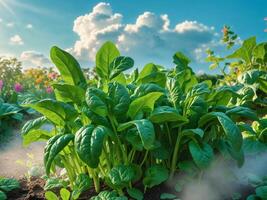 Fresh green spinach leaves grow in a vibrant garden setting during the day photo
