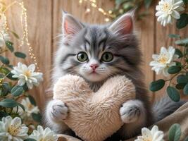 Charming kitten holding heart shaped cushion in cozy setting photo