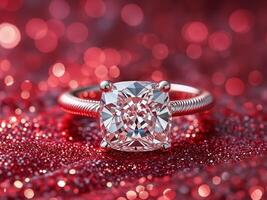 Elegant diamond ring shining on a red glitter background in soft focus photo