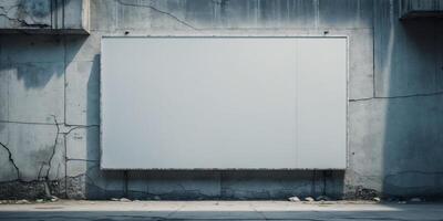 Blank white billboard on aged concrete wall with shadows in urban setting photo