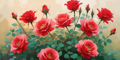 Beautiful red roses blooming in a garden with a soft blurred background during golden hour photo