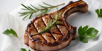 Close up of grilled pork chop with grill marks and herb garnish for culinary presentation photo