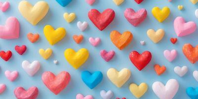 vistoso corazones dispersado en un ligero azul antecedentes crear un festivo atmósfera foto