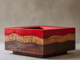 A wooden object with a red top and a brown bottom photo