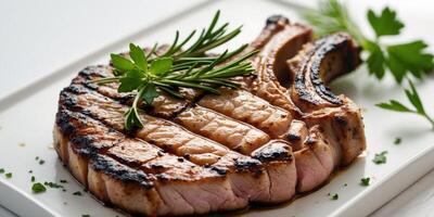 Close up of grilled pork chop with grill marks and herb garnish for culinary presentation photo