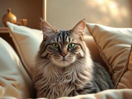 Captivating Tabby Cat Gazes Curiously with Contemplative Expression in Cozy Indoor Setting photo