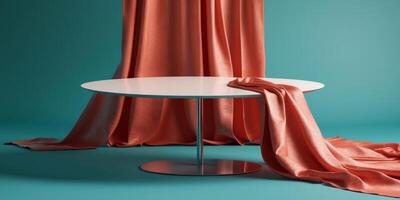 Empty Round Table with Coral Red Fabric on Teal Background - Modern Design photo