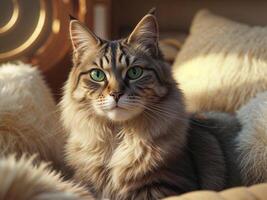 Captivating Tabby Cat Gazes Curiously with Contemplative Expression in Cozy Indoor Setting photo
