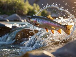 Leaping Trout Splashing in Rushing River with Water Droplets photo
