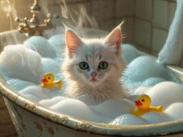 A white cat in a bathtub with rubber ducks photo