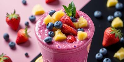 A smoothie with berries and pineapple on a pink background photo