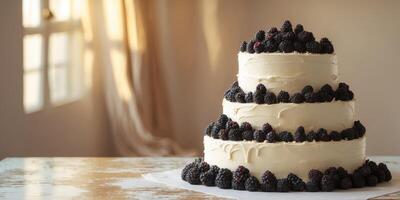 Delightful layered cake adorned with fresh blackberries resting on a rustic wooden table in a cozy setting photo