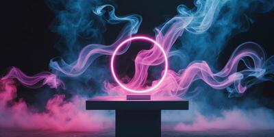 abstract scene with neon circle round podium and smoke on dark background photo