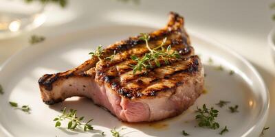Close up of grilled pork chop with juicy grill marks and fresh thyme garnish photo