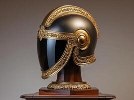 Ornate helmet with golden trim and a dark visor displayed on a stand photo