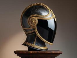 Ornate helmet with golden trim and a dark visor displayed on a stand photo