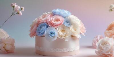 Beautiful delicate flowers in a round box on a pastel background photo
