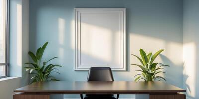 Modern Office Workspace with Empty Poster Frame for Mockup photo