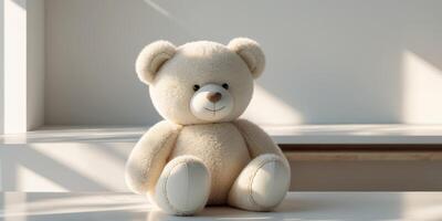 Soft neutral colored plush teddy bear seated on a clean surface photo