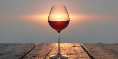Elegant Red Wine Glass Positioned on Wooden Table with Sunset Glow photo