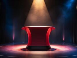 Stage with Red Podium Under Dramatic Spotlight in Dark Atmosphere photo