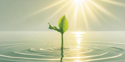 Fresh Green Sprout Emerging from Water Under Bright Sunlight Rays photo