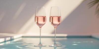 Two glasses toasting rose champagne in clear pool photo