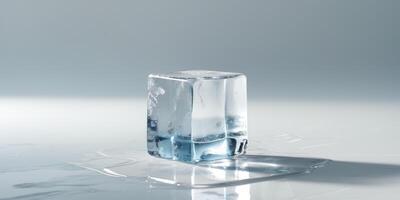 A single ice cube rests on a glistening surface photo