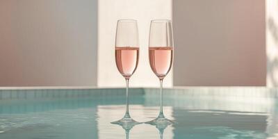 Two glasses toasting rose champagne in clear pool photo
