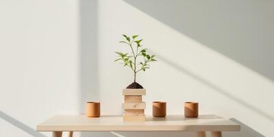 Small Green Plant Growing From Wooden Blocks on Table with Plant Pots photo